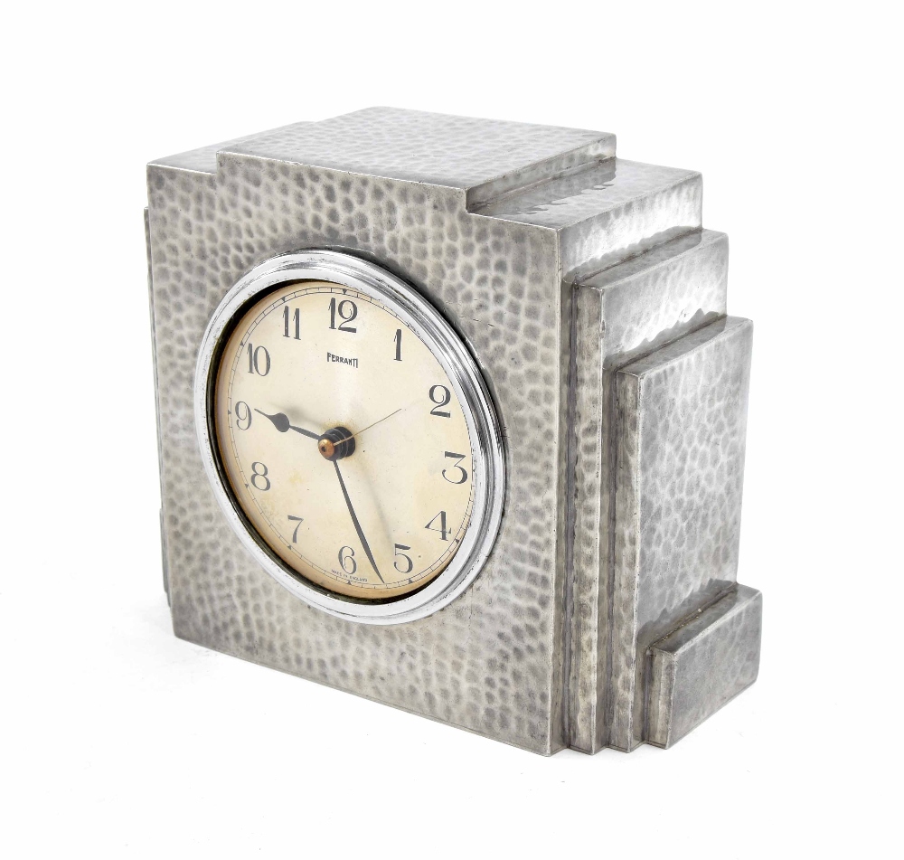 Ferranti mains synchronous electric mantel clock, inscribed English Pewter, Lloyd Payne & Amiel, Man