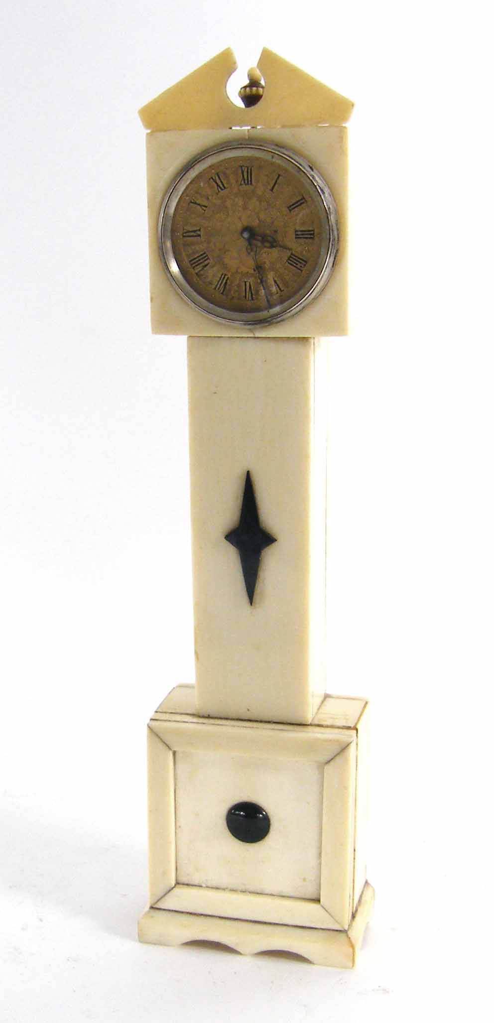 Miniature ivory longcase clock, with watch movement and onyx applied decoration, 8.25" high