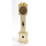 Miniature ivory longcase clock, with watch movement and onyx applied decoration, 8.25" high