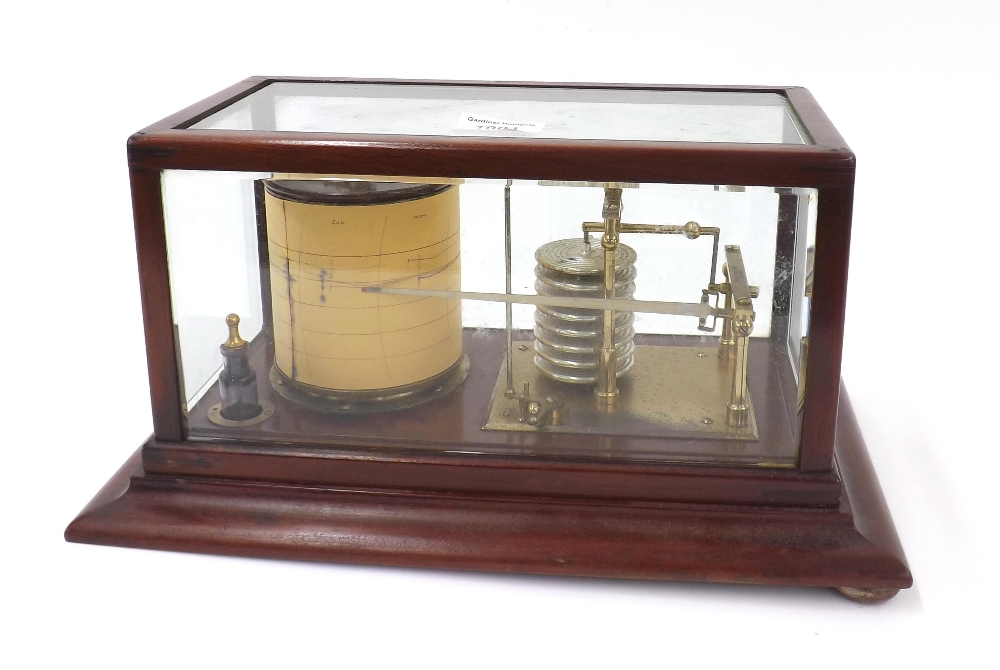 Mahogany barograph, within a bevelled glazed mahogany case with stepped plinth, 14.25" wide overall