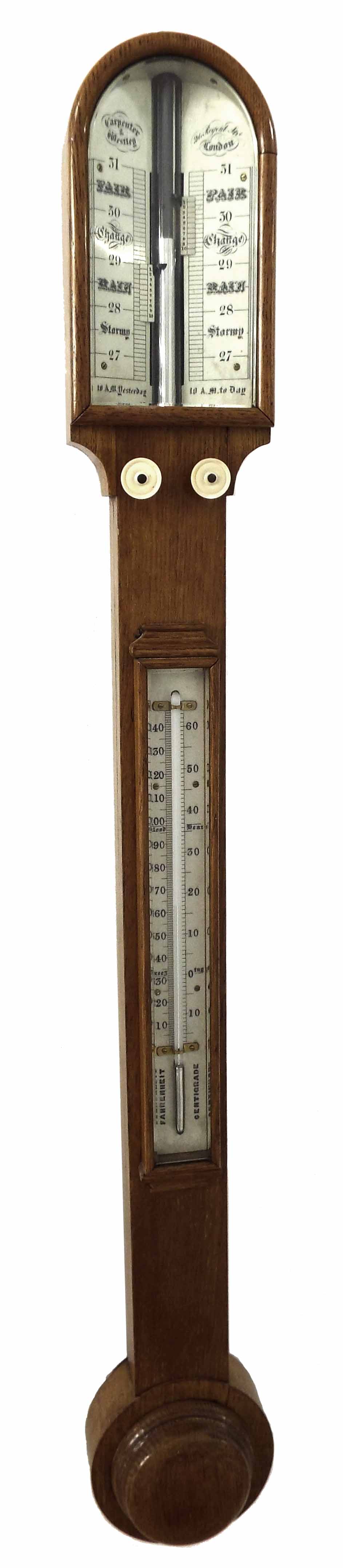 English light oak stick barometer/thermometer signed Carpenter & Westley, 24 Regent St, London,