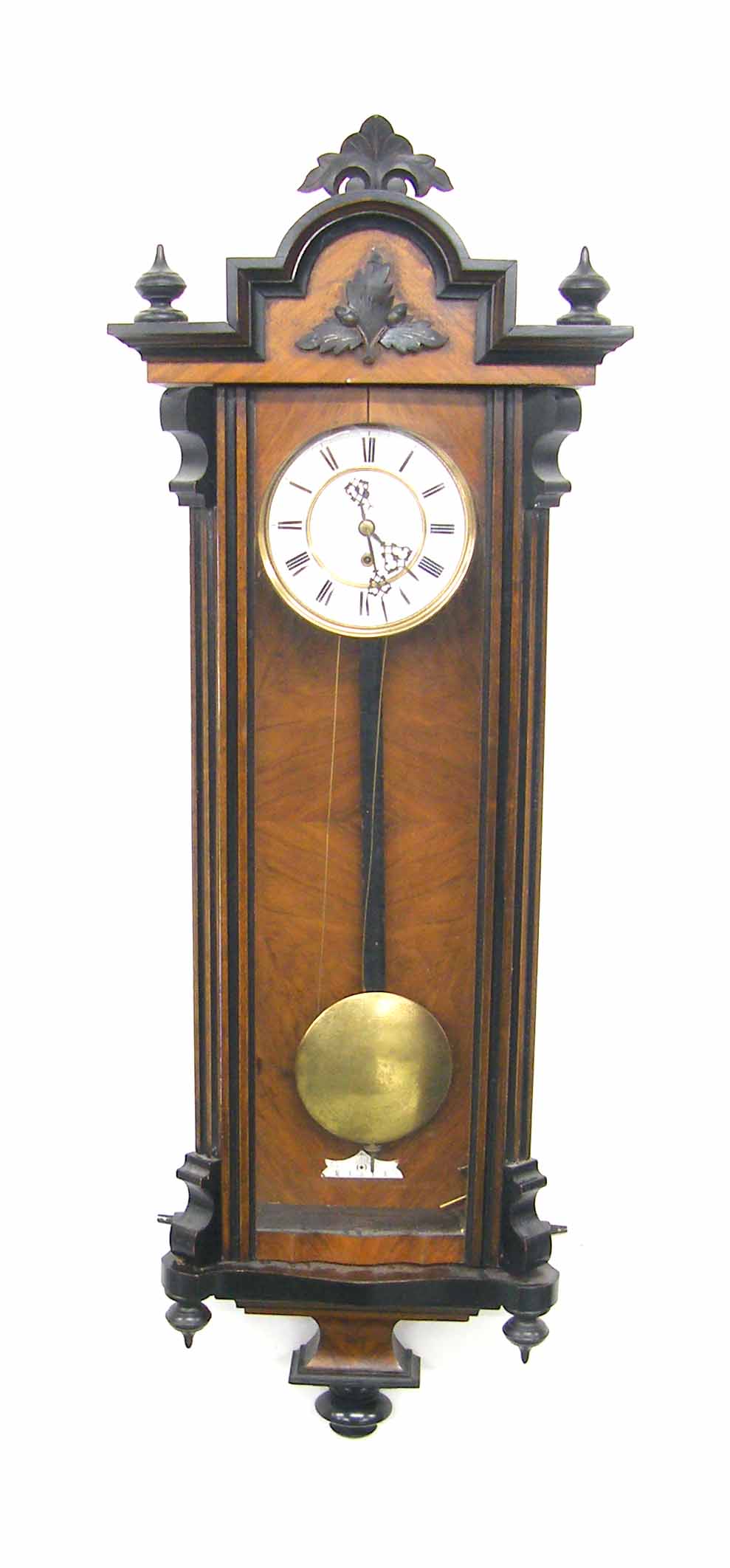 Walnut and ebonised single weight Vienna regulator wall clock, the 6.25" white dial with