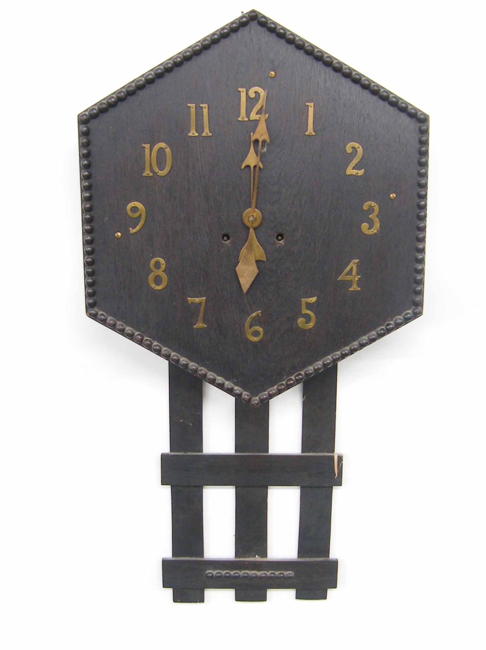 Oak cased two train wall clock, 19.25" high (pendulum and key); also an Arts & Crafts style dark - Image 3 of 3