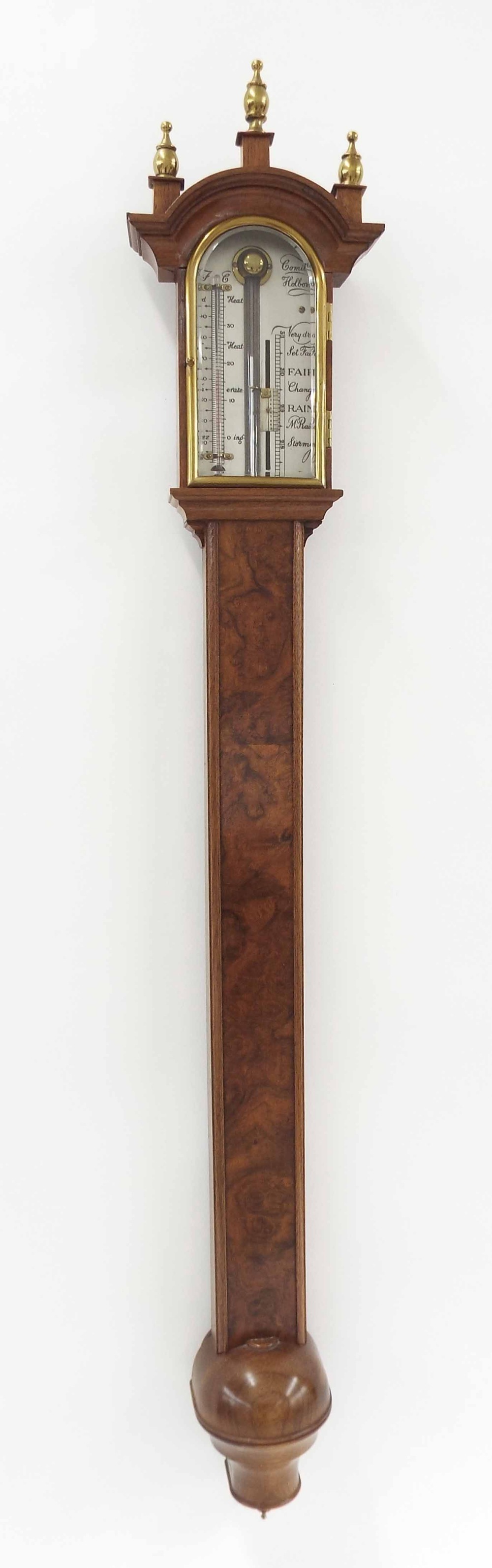 Contemporary burr walnut stick barometer, the silvered scale signed Comitti, Holborn, over a flat