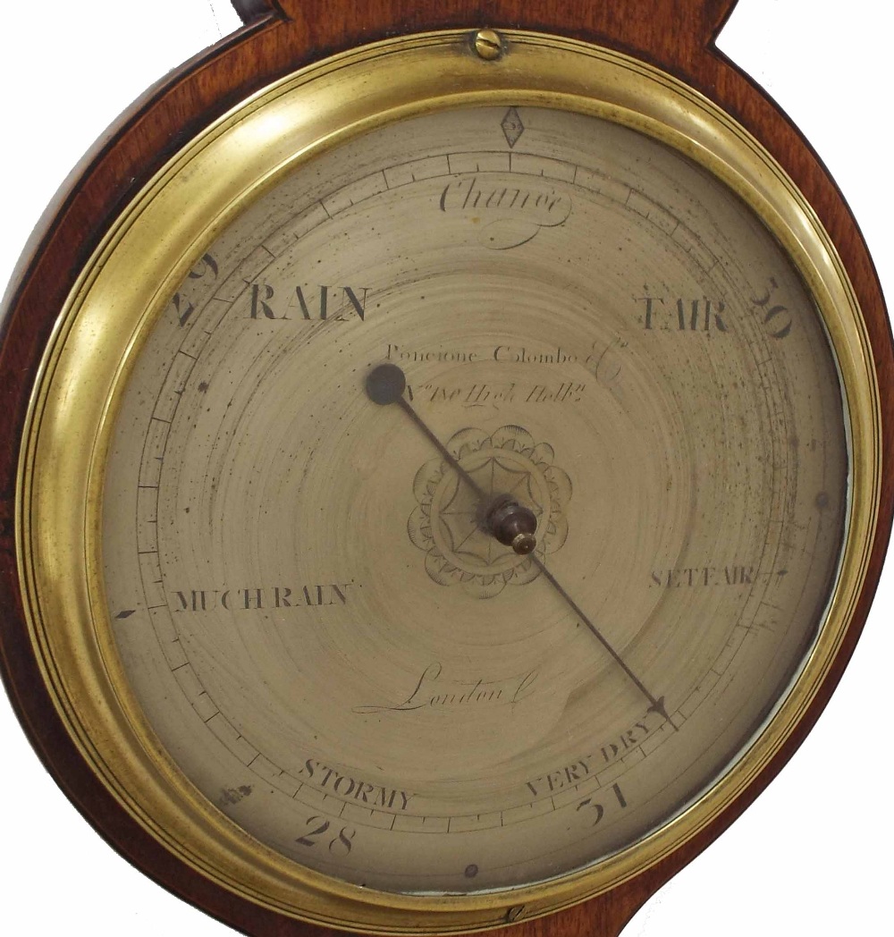 Early mahogany banjo barometer/thermometer, the 8" silvered dial signed Poneione Colombo, no. 180 - Image 2 of 3