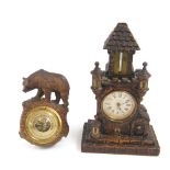 Small Black Forest mantel clock timepiece with thermometer, 9.5" high; also a small Black Forest