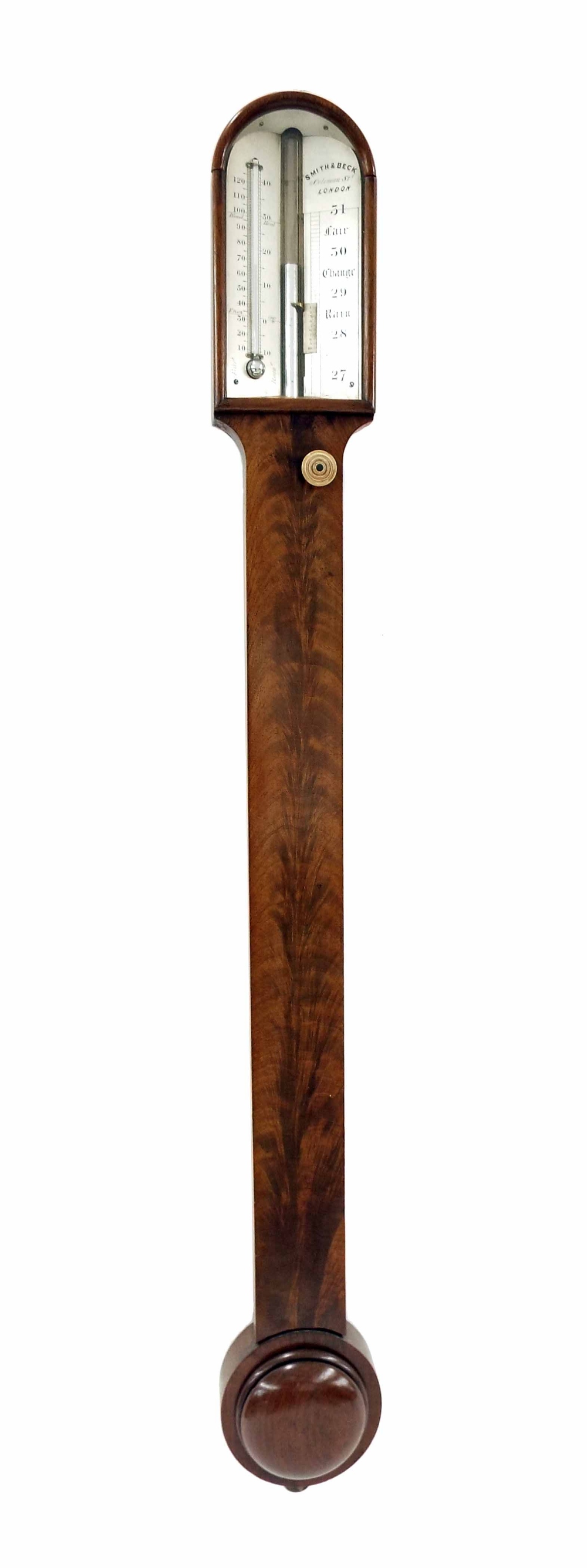 Mahogany stick barometer, the angled silvered scale signed Smith & Beck, 6 Coleman St, London,