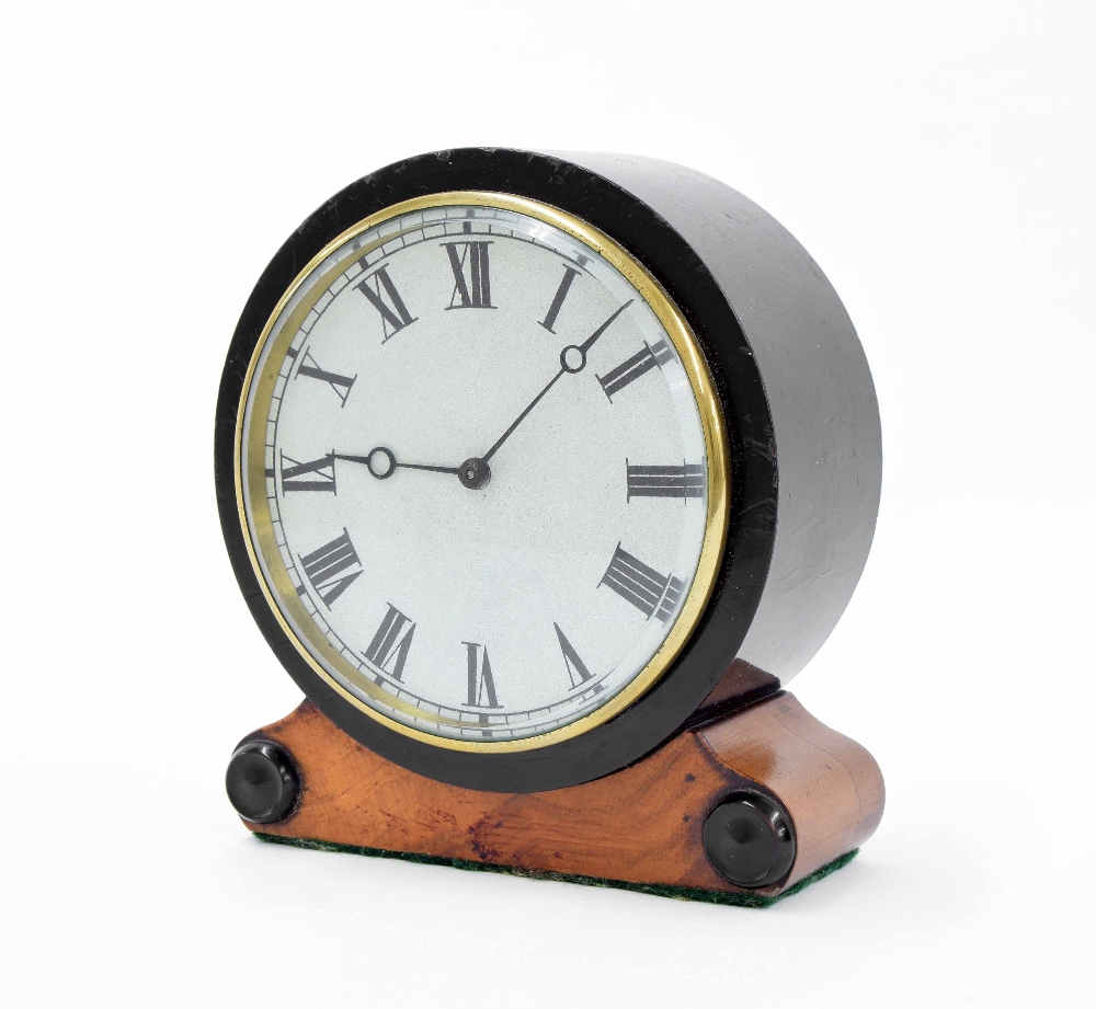 Small French ebonised and walnut drumhead mantel clock, the movement back plate stamped VAP.