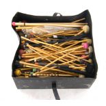 Box containing a good assortment of sticks and mallets including brushes, standard sticks, Marimba