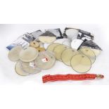 Selection of various drumhead skins including Remo, Evans and Aquarian