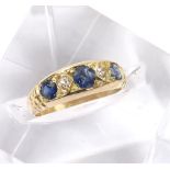 18ct sapphire and diamond five stone ring, with three round sapphires and two old-cut diamonds, 6mm,