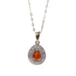 Fire opal and diamond pendant on a slender necklet, the pendant 23mm x 13mm, 2.4gm