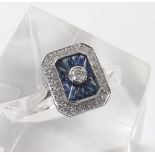 Art Deco style sapphire and diamond 9ct white gold plaque ring, with a centred round brilliant-cut
