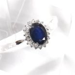 Sapphire and diamond 9ct white gold oval cluster ring, 12mm x 10mm, 2.1gm, ring size L/M