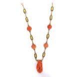 Interesting gold, enamel and coral necklace, set with four circular and an oval coral panels with