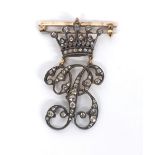 Antique gold and rose diamond crown and initial 'B' pendant brooch, 6gm, 43mm approx