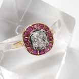 Fine 18ct old mine-cut cushion shaped diamond and ruby ring, the diamond 1ct approx, clarity SI1-