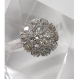 Fancy old-cut diamond circular white gold cluster ring, 2.40ct approx, 5.5gm, 17mm diameter, ring