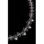 14k white gold wire link necklace, set with eight round brilliant-cut diamonds, 0.96ct approx, 18gm,