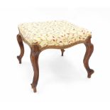 Victorian square dressing stool, with later foliate upholstery upon cabriole corner supports, 21.
