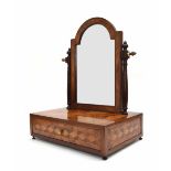 19th century walnut and kingwood inlay dressing mirror, the shield shaped plate upon turned cheval