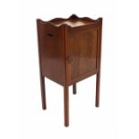 19th century mahogany inlaid pot cupboard, the gallery top over a single flame mahogany door upon