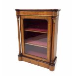 Victorian walnut inlaid pier display cabinet, with a single glazed door enclosing a lined shelved