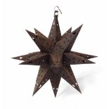 Large Spanish metal star hanging lamp, with star pierced facets, 31" approx drop (at fault)