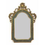 Decorative carved giltwood wall mirror, the inset bevelled plate within a green and gilded pierced