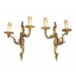 Pair of French small rococo style ormolu twin sconce wall lights, 13 "high (2)