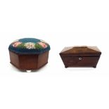 Victorian mahogany octagonal box/foot stool, with upholstered hinged lid revealing a glazed