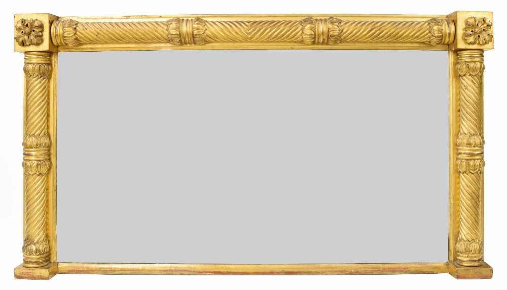 George IV giltwood overmantel mirror, inset with a rectangular plate within a wrythen turned