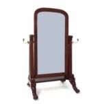 Good Victorian mahogany cheval mirror, the large heart shaped plate upon tapered supports mounted