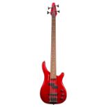 Fleetwood bass guitar; Finish: candy apple red with heavy blemishes and knocks, electrics working,