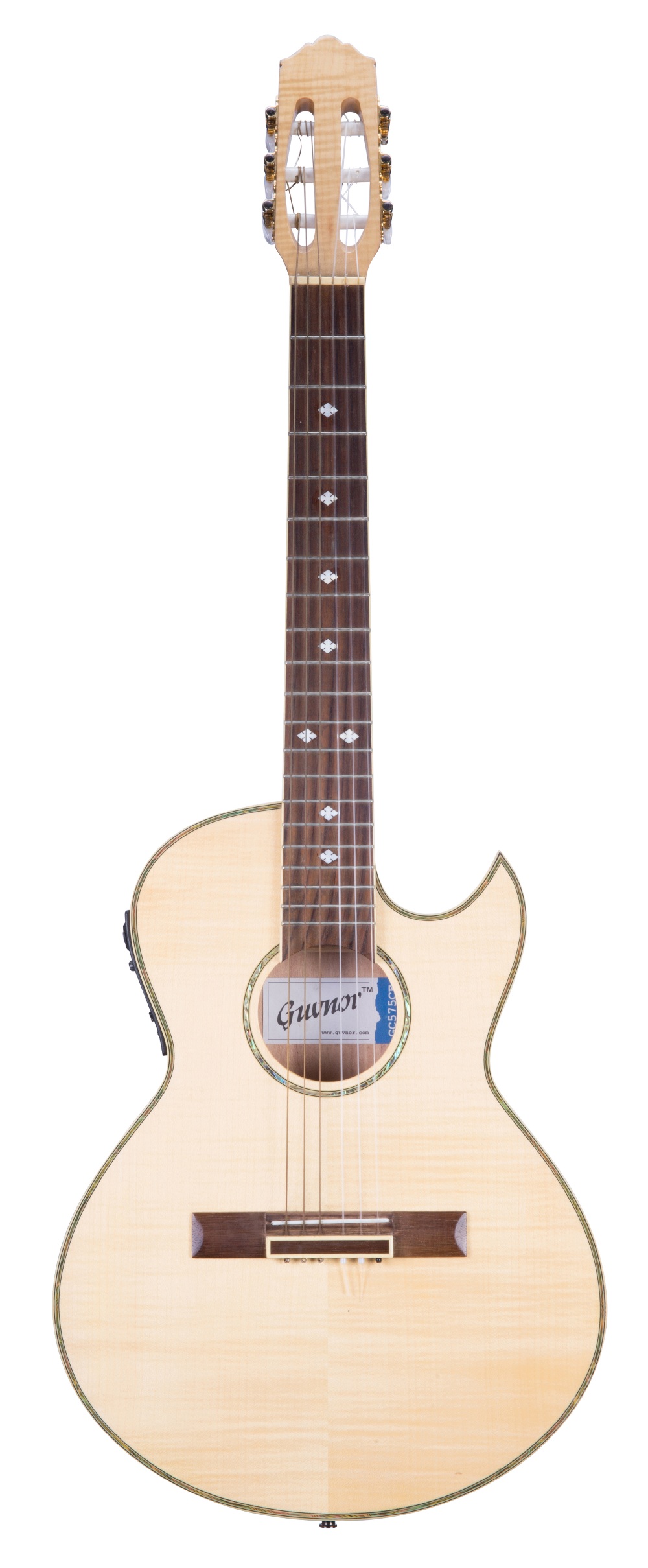 Guvnor GC575CE electro-classical guitar; Finish: natural, heavy lacquer wear to back; Fretboard: