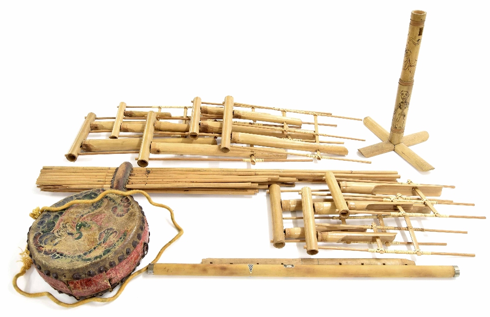Group of Asian instruments, a khene (mouth organ), Laotian or northern Thailand, an anklung,