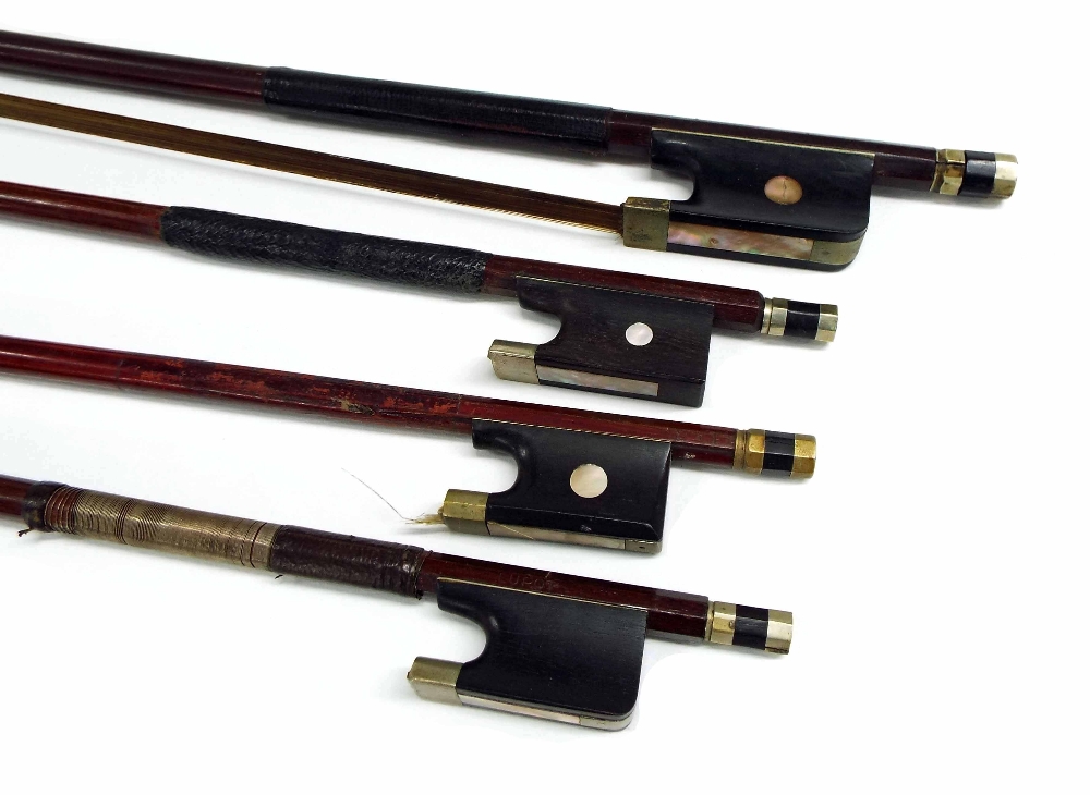 Old nickel mounted violoncello bow; also three nickel mounted violin bows, one stamped Lupot (4)