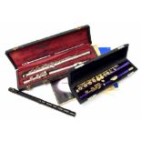 René Duval silver plated flute, case; also a contemporary J M purple coloured flute with gilt plated