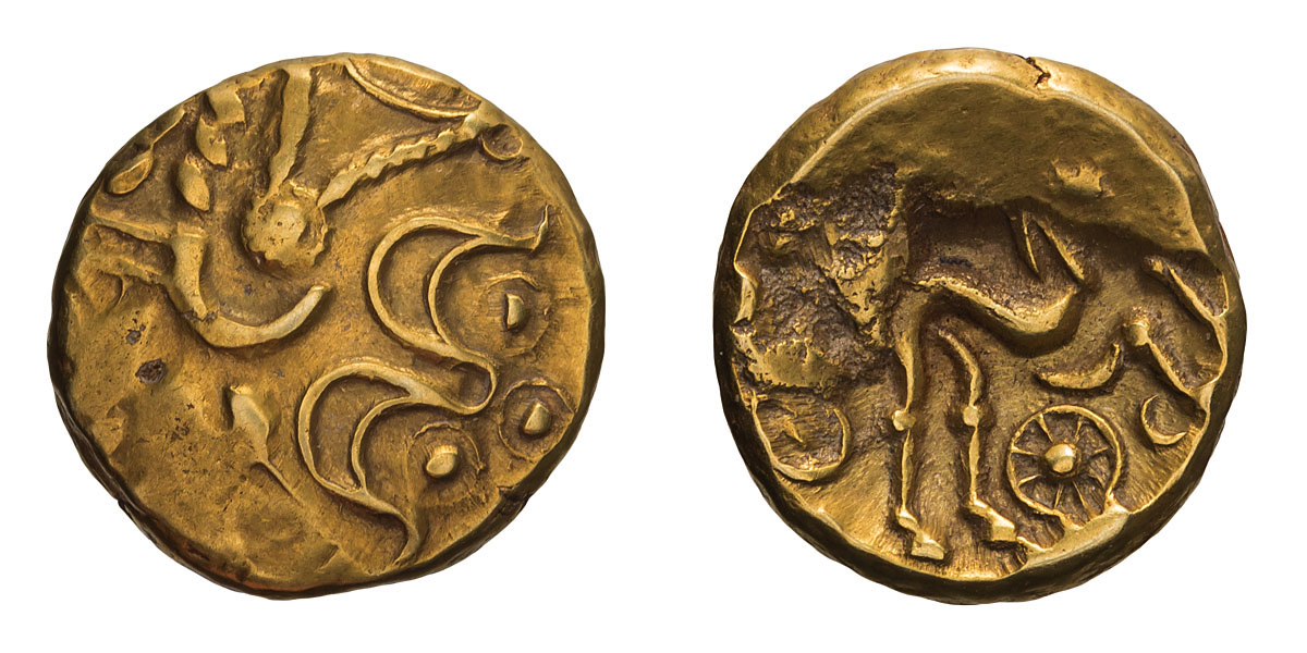 Gallo-Belgic Celts. Triple-tailed horse type, Gold Stater.