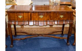 Mahogany Finish Serving Table, Shaped Front With Three Frieze Drawers,