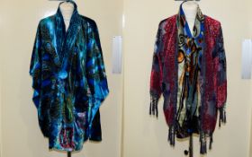 An Embellished Velvet Cape And Devore Scarves Cerulean blue peacock feather print silk cape with