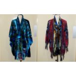 An Embellished Velvet Cape And Devore Scarves Cerulean blue peacock feather print silk cape with