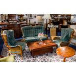 Antique Bergere Suite Three piece suite in honey coloured hard wood with carved bamboo effect and
