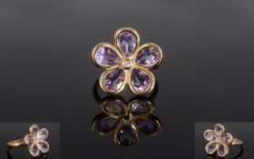 Rose de France Amethyst and Natural White Zircon Flower Ring, five pear cut, semi-bezel set Rose