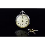 Edwardian- Large Open Faced Silver Pocket Watch White Porcelain dial, Seconds Subsidary dial,