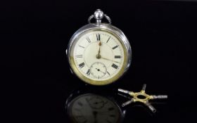 Edwardian- Large Open Faced Silver Pocket Watch White Porcelain dial, Seconds Subsidary dial,