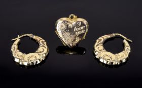 A Pair of 9ct Gold Creole / Hoop Earrings. Fully Marked for 9ct + a 9ct Gold Heart Shaped Locket.