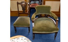 Antique Tub Chair And Matching Bedroom Chair Each in dark wood with light stringing detail and