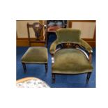 Antique Tub Chair And Matching Bedroom Chair Each in dark wood with light stringing detail and