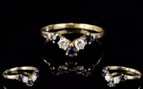Ladies 9ct Gold Set Sapphire and Diamond Wishbone Dress Ring.